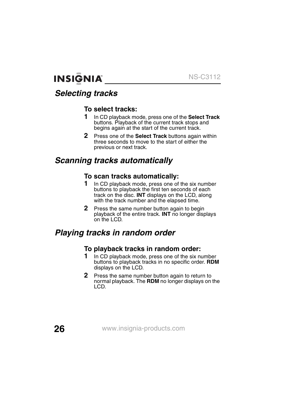 Selecting tracks, Scanning tracks automatically, Playing tracks in random order | Insignia NS-C3112 User Manual | Page 28 / 136
