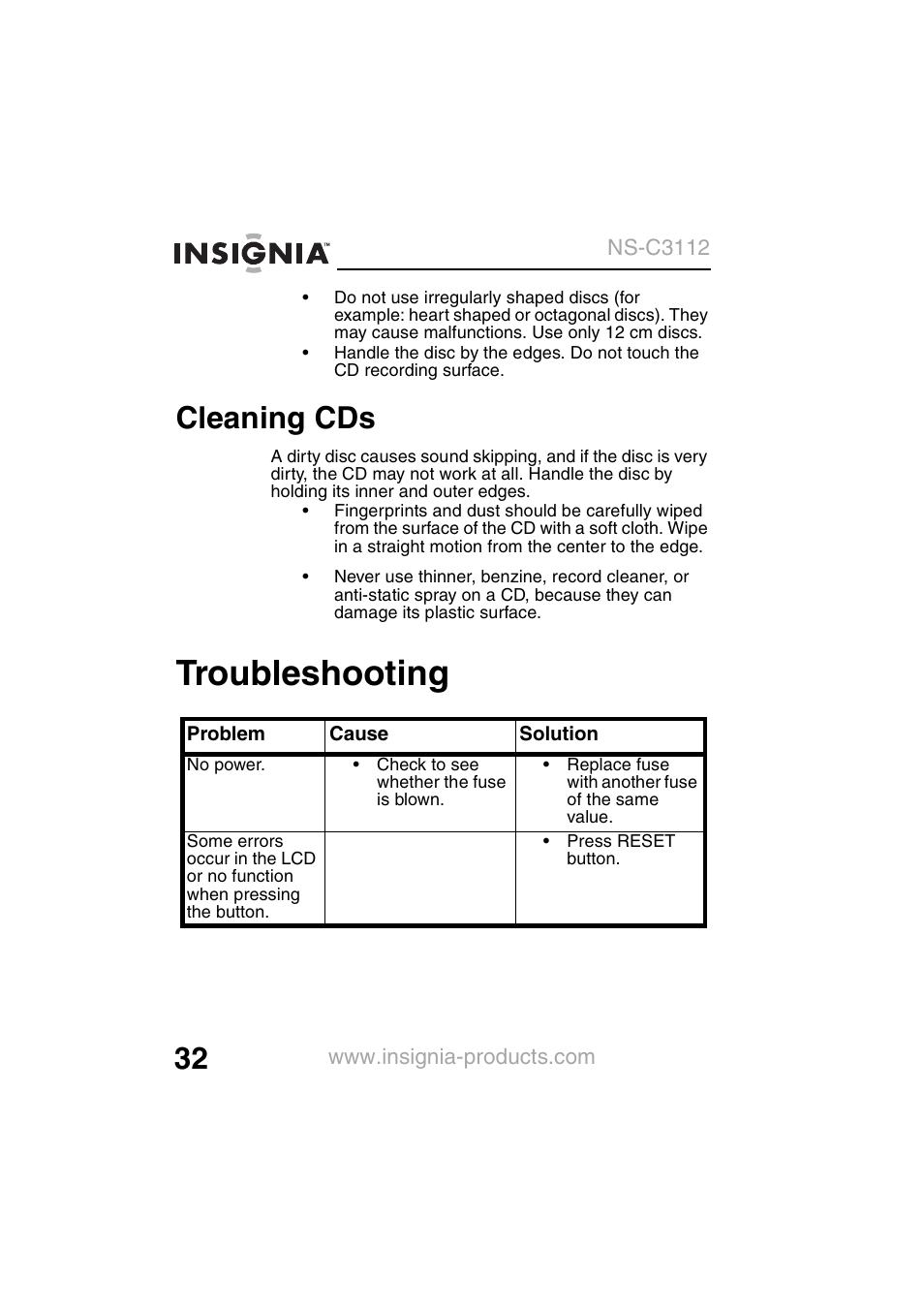 Troubleshooting, Cleaning cds | Insignia NS-C3112 User Manual | Page 34 / 136