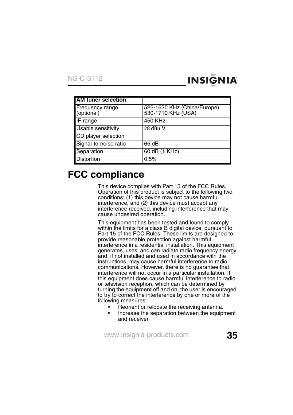 Fcc compliance | Insignia NS-C3112 User Manual | Page 37 / 136