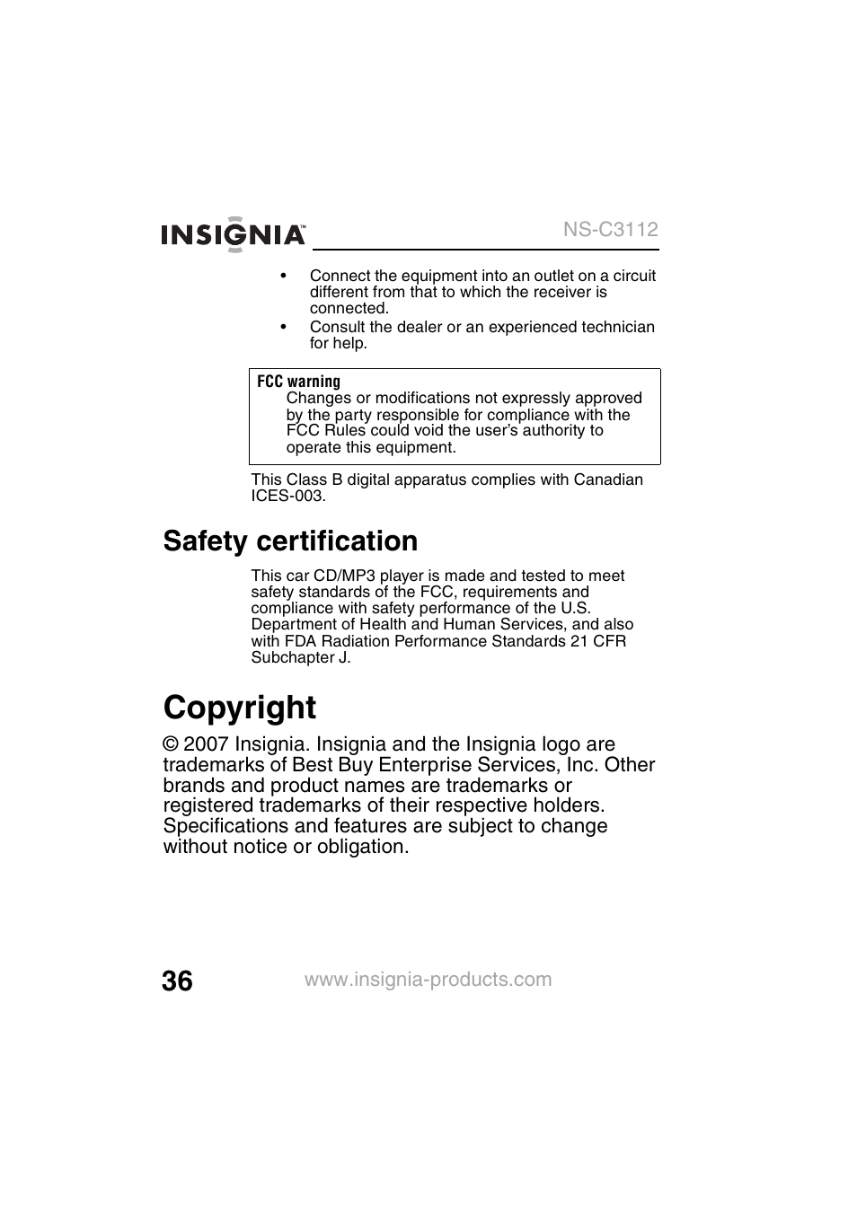 Copyright, Safety certification | Insignia NS-C3112 User Manual | Page 38 / 136