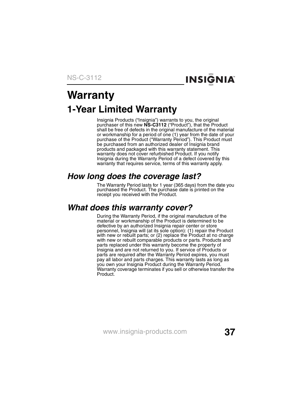 Warranty, Year limited warranty | Insignia NS-C3112 User Manual | Page 39 / 136