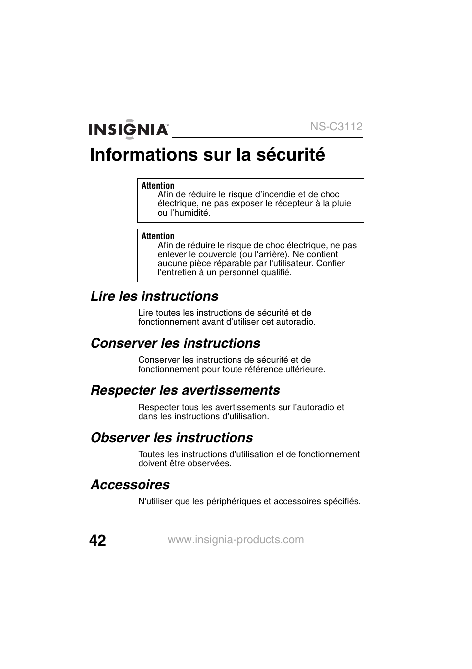 Informations sur la sécurité, Lire les instructions, Conserver les instructions | Respecter les avertissements, Observer les instructions, Accessoires | Insignia NS-C3112 User Manual | Page 44 / 136