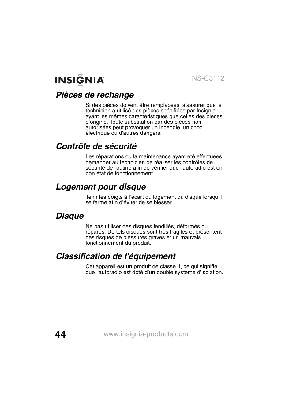 Pièces de rechange, Contrôle de sécurité, Logement pour disque | Disque, Classification de l'équipement | Insignia NS-C3112 User Manual | Page 46 / 136