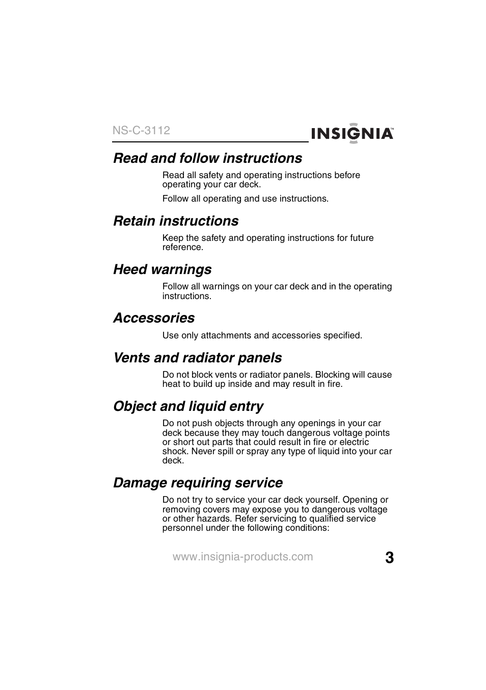 Read and follow instructions, Retain instructions, Heed warnings | Accessories, Vents and radiator panels, Object and liquid entry, Damage requiring service | Insignia NS-C3112 User Manual | Page 5 / 136