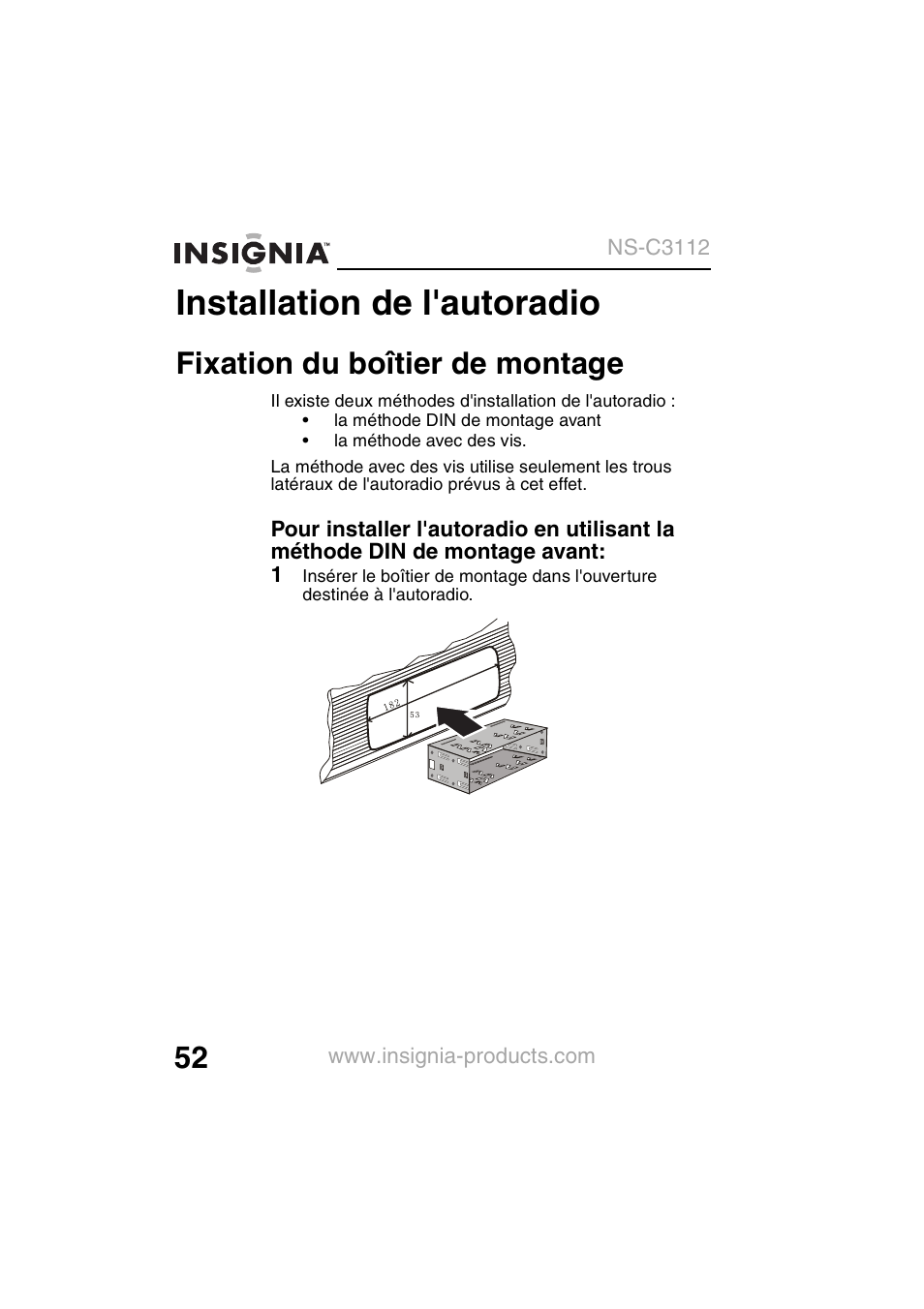 Installation de l'autoradio, Fixation du boîtier de montage | Insignia NS-C3112 User Manual | Page 54 / 136