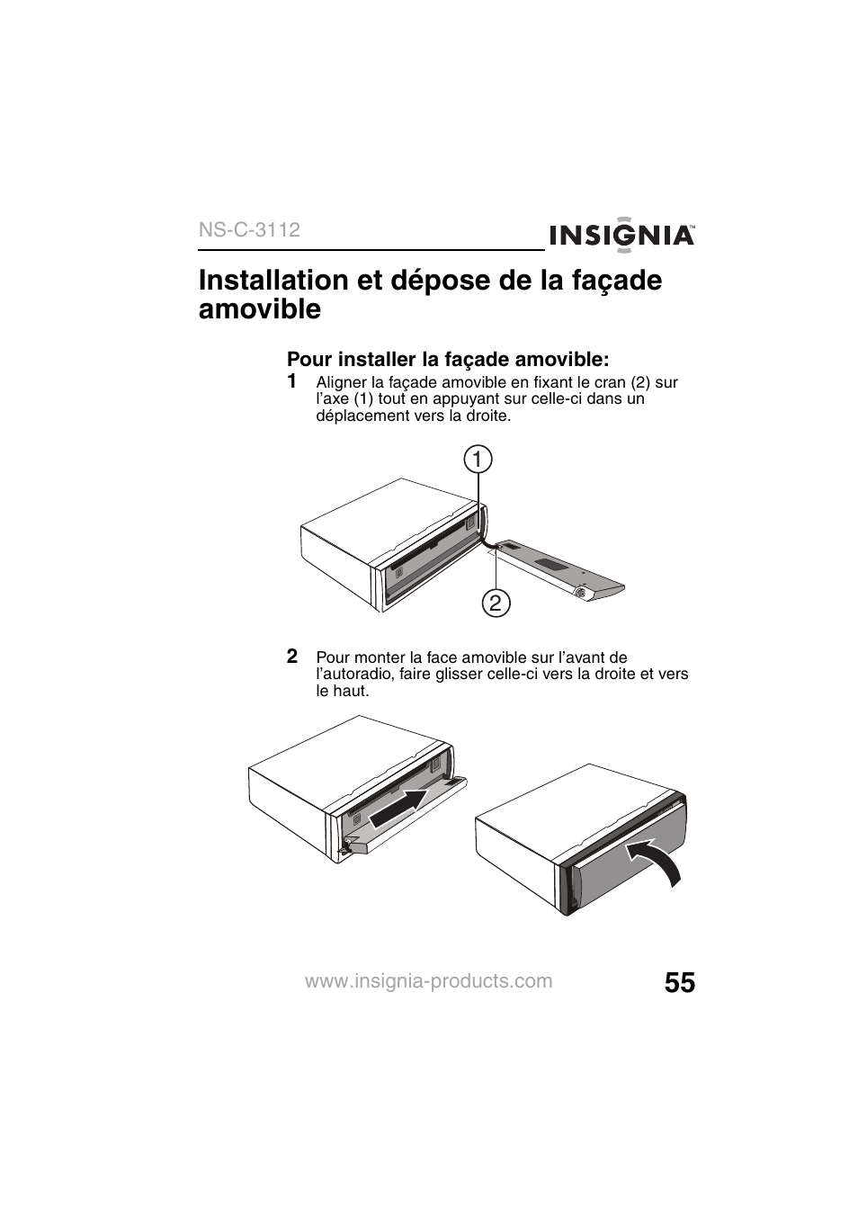 Installation et dépose de la façade amovible | Insignia NS-C3112 User Manual | Page 57 / 136