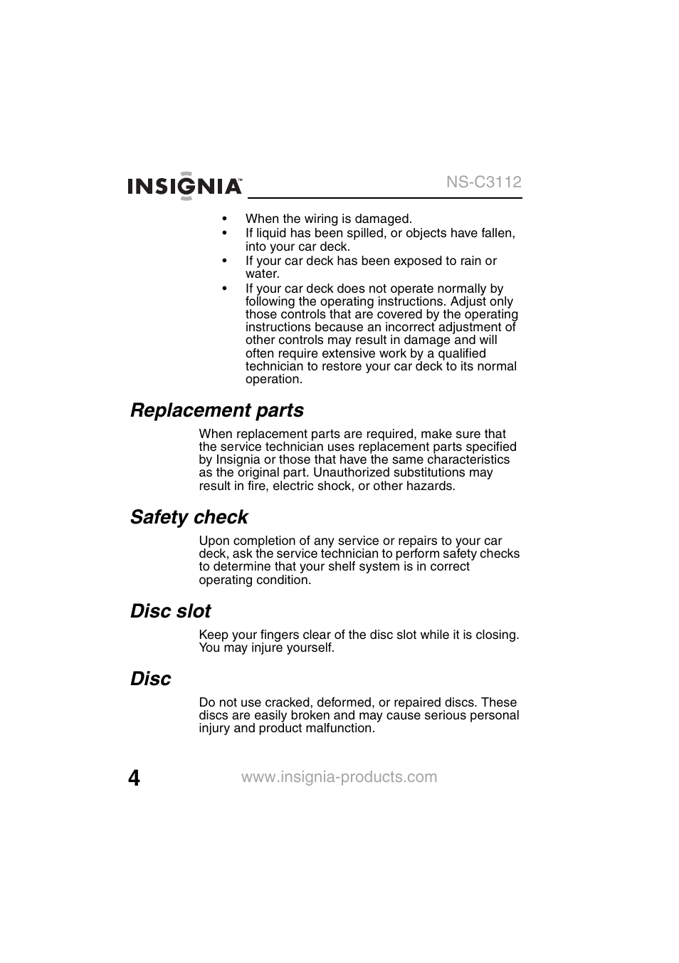 Replacement parts, Safety check, Disc slot | Disc | Insignia NS-C3112 User Manual | Page 6 / 136