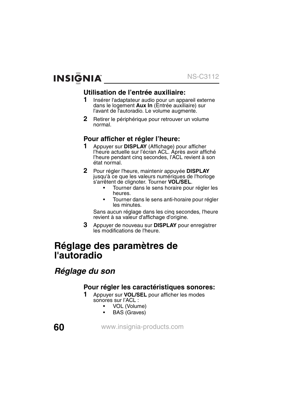 Réglage des paramètres de l'autoradio, Réglage du son | Insignia NS-C3112 User Manual | Page 62 / 136