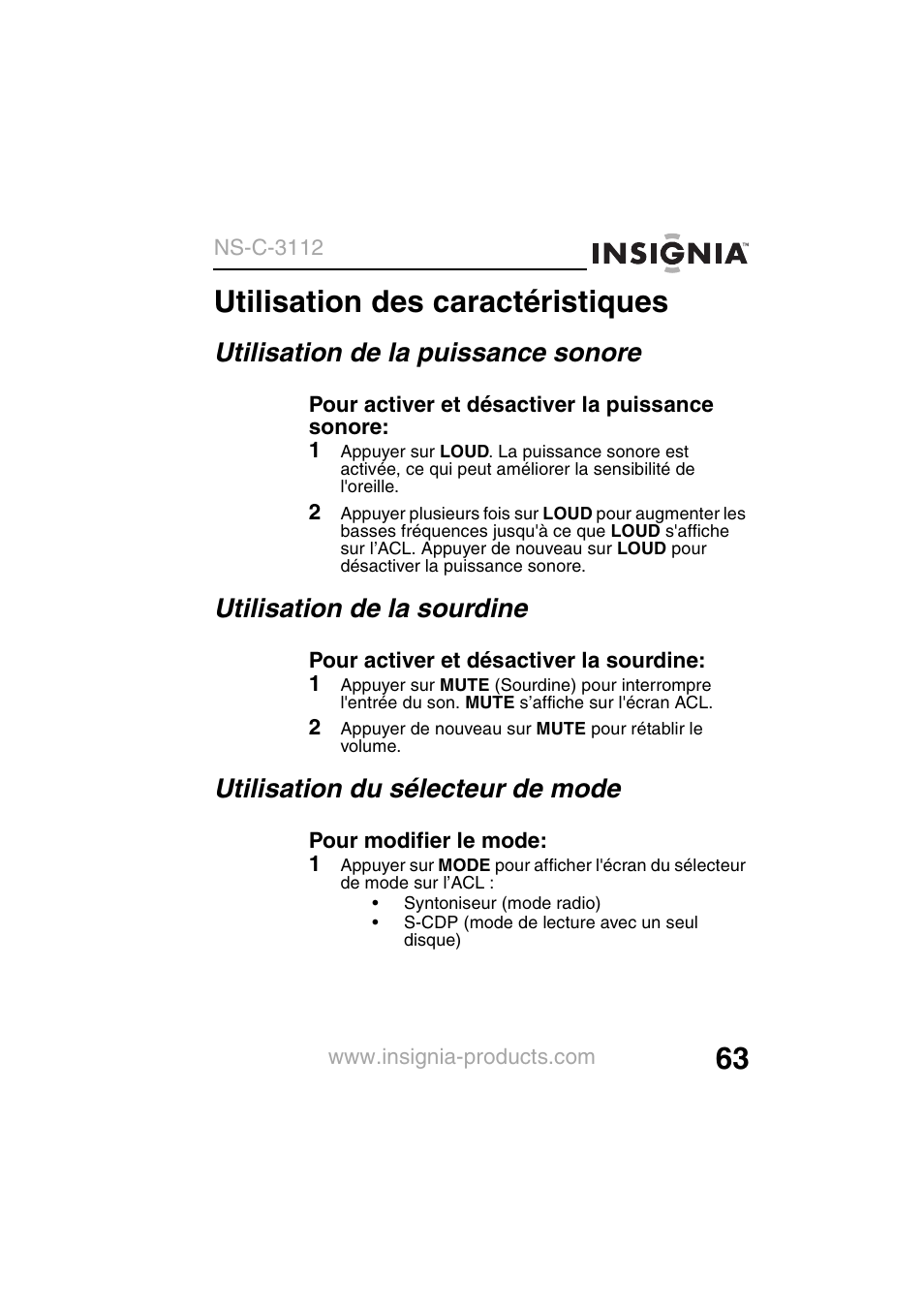 Utilisation des caractéristiques, Utilisation de la puissance sonore, Utilisation de la sourdine | Utilisation du sélecteur de mode | Insignia NS-C3112 User Manual | Page 65 / 136