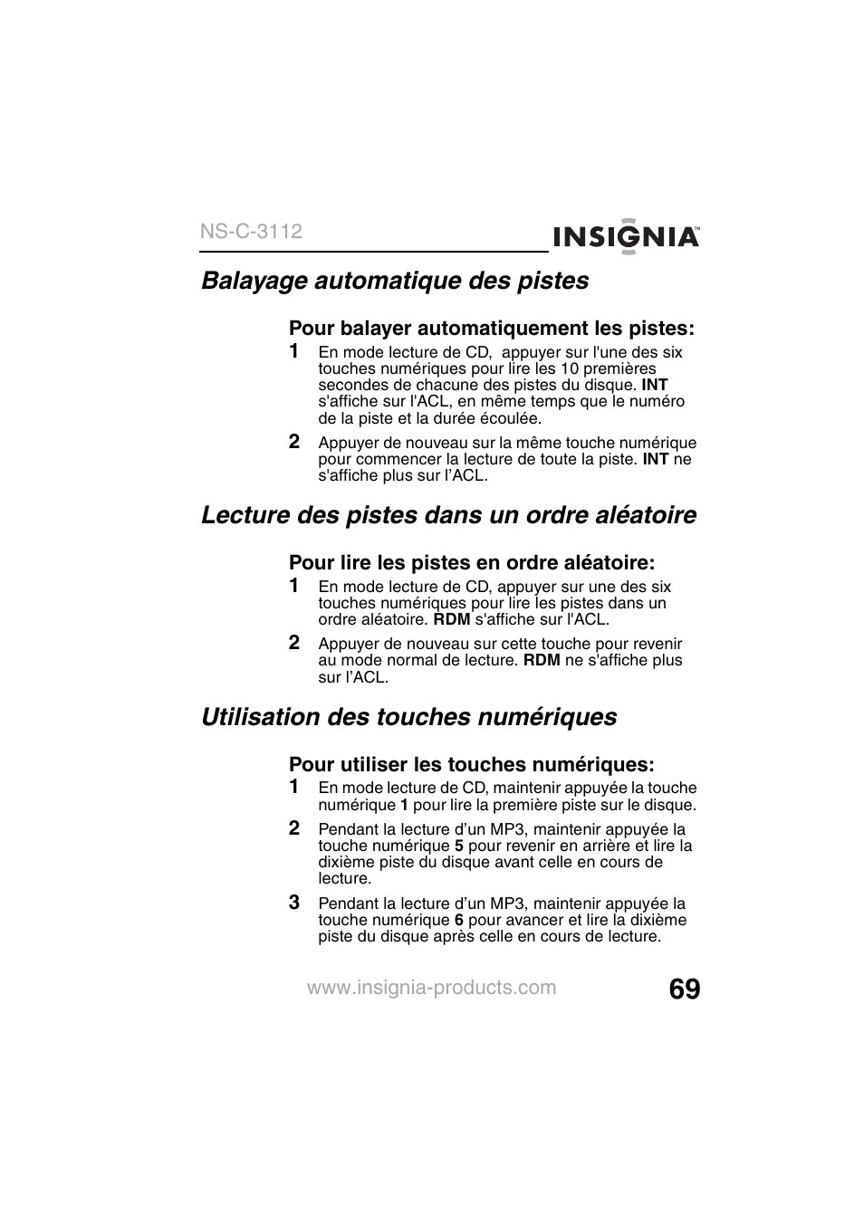 Balayage automatique des pistes, Lecture des pistes dans un ordre aléatoire, Utilisation des touches numériques | Insignia NS-C3112 User Manual | Page 71 / 136