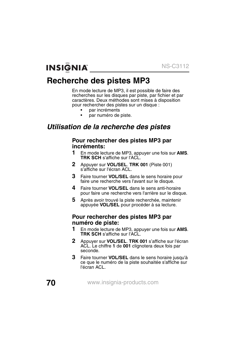 Recherche des pistes mp3, Utilisation de la recherche des pistes | Insignia NS-C3112 User Manual | Page 72 / 136