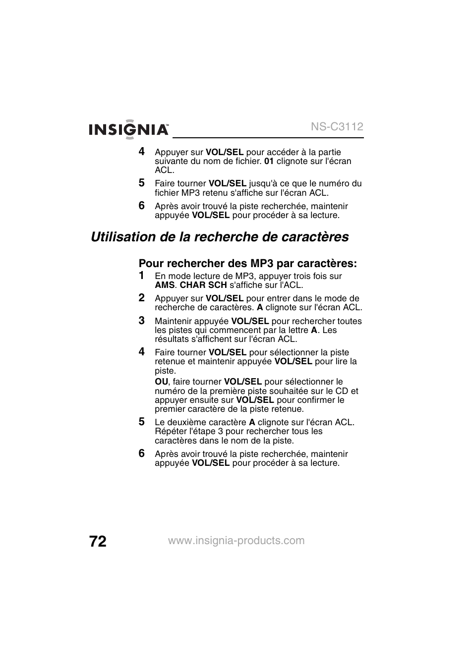 Utilisation de la recherche de caractères | Insignia NS-C3112 User Manual | Page 74 / 136