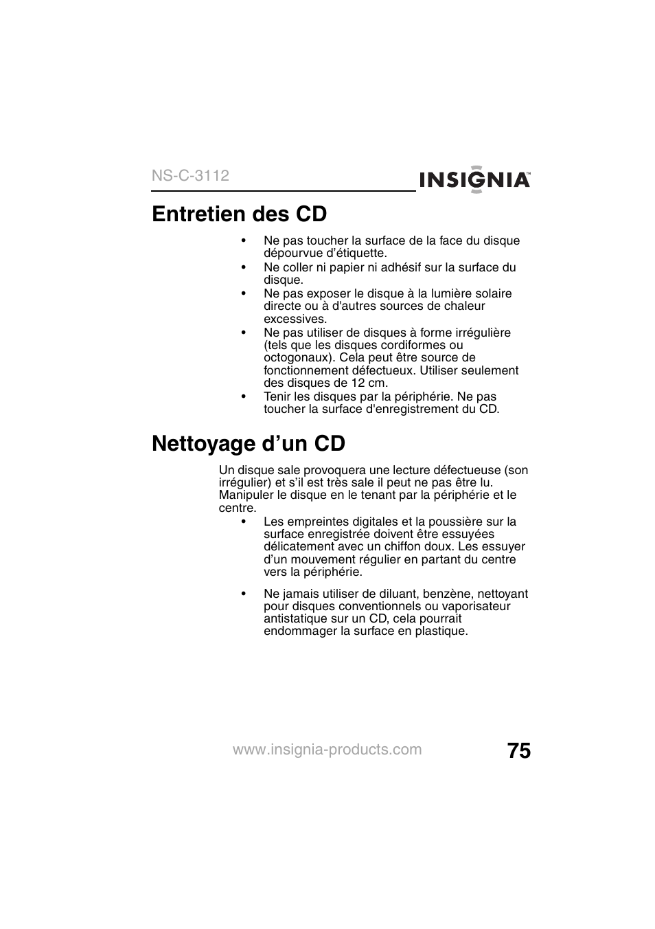 Entretien des cd, Nettoyage d’un cd | Insignia NS-C3112 User Manual | Page 77 / 136