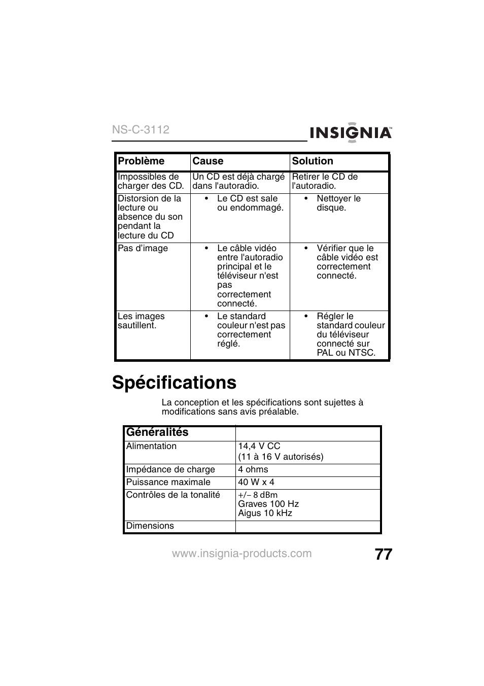 Spécifications | Insignia NS-C3112 User Manual | Page 79 / 136