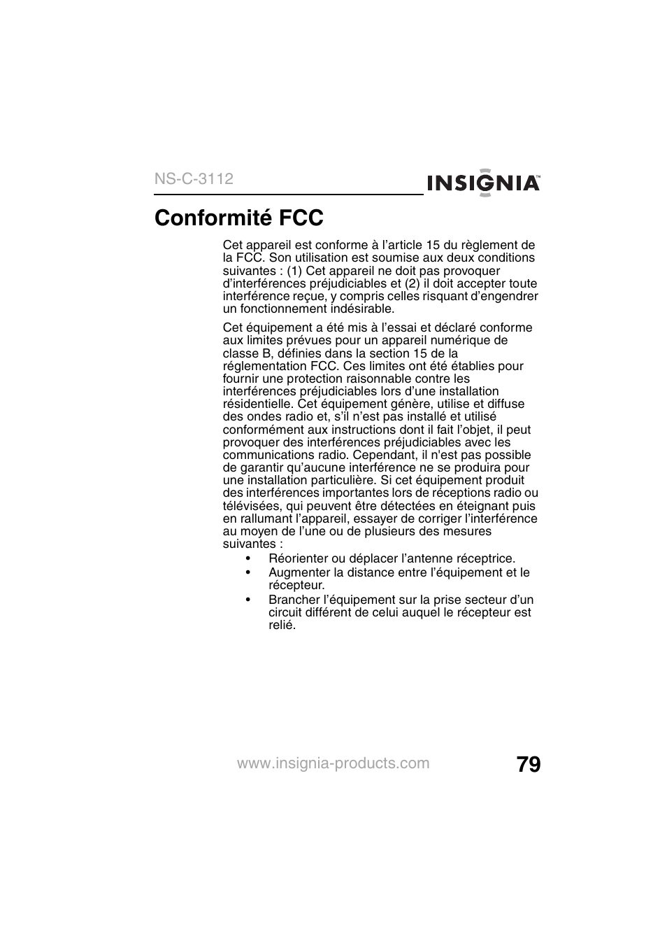 Conformité fcc | Insignia NS-C3112 User Manual | Page 81 / 136