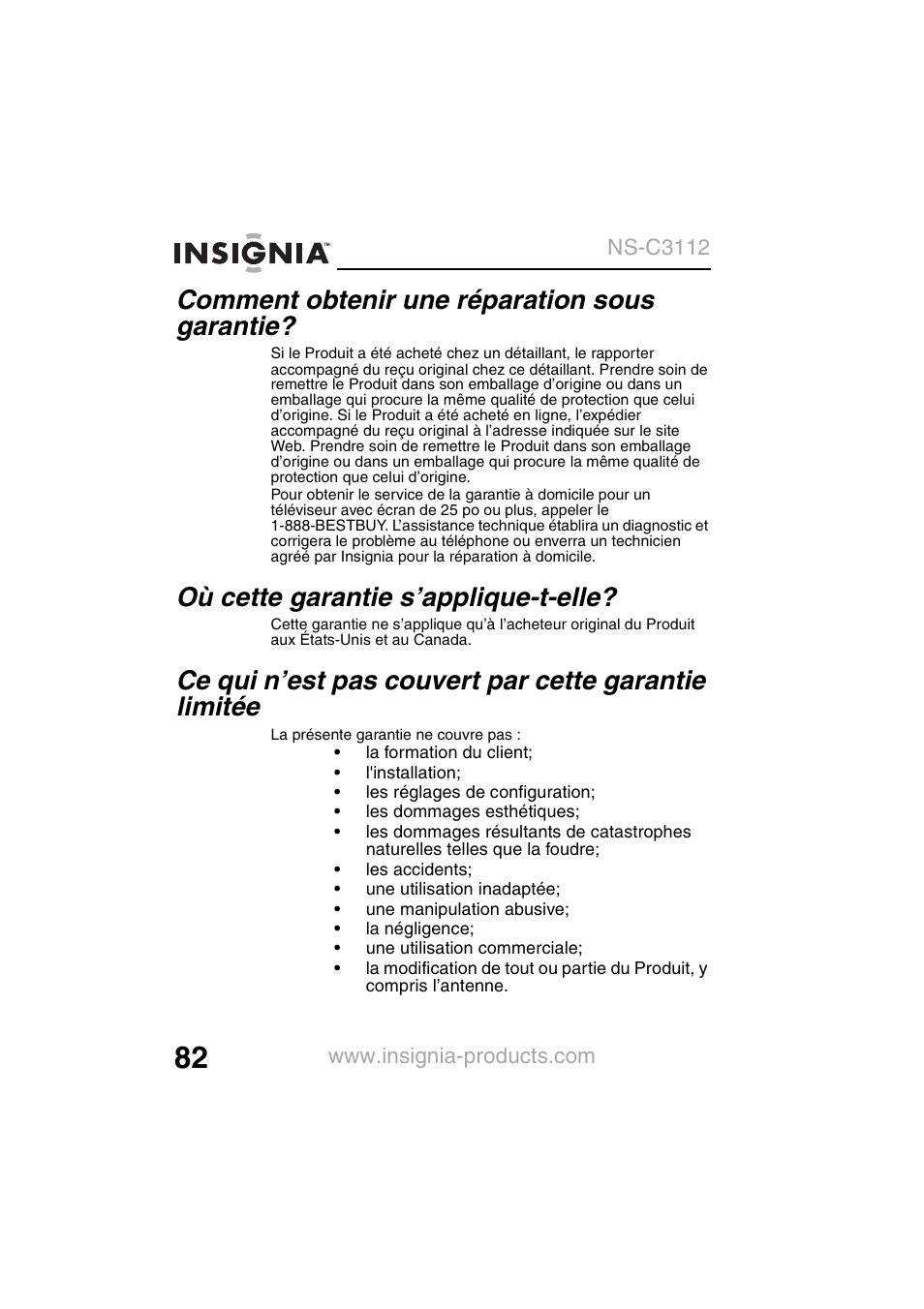 Comment obtenir une réparation sous garantie, Où cette garantie s’applique-t-elle | Insignia NS-C3112 User Manual | Page 84 / 136