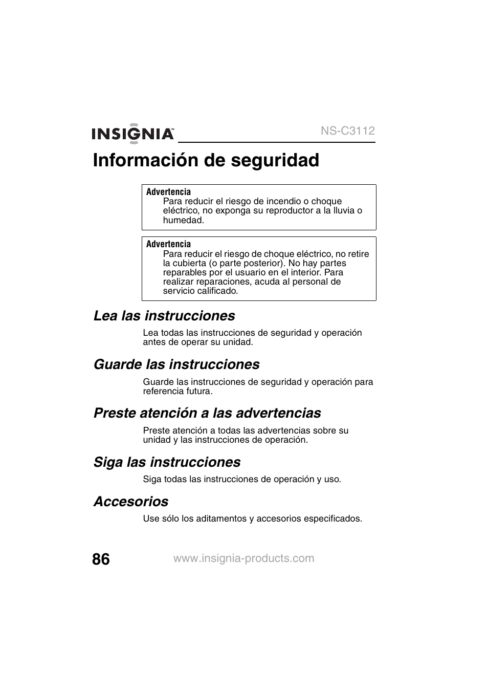 Información de seguridad, Lea las instrucciones, Guarde las instrucciones | Preste atención a las advertencias, Siga las instrucciones, Accesorios | Insignia NS-C3112 User Manual | Page 88 / 136