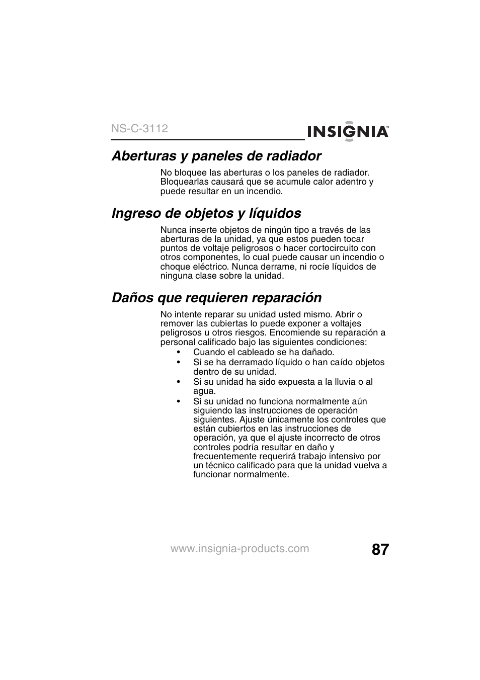 Aberturas y paneles de radiador, Ingreso de objetos y líquidos, Daños que requieren reparación | Insignia NS-C3112 User Manual | Page 89 / 136