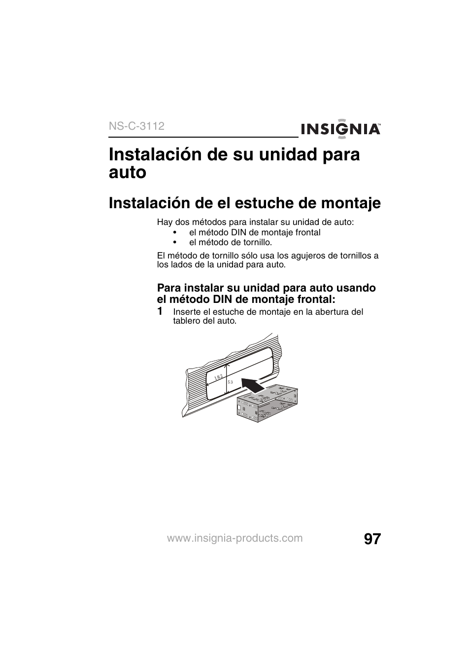 Instalación de su unidad para auto, Instalación de el estuche de montaje | Insignia NS-C3112 User Manual | Page 99 / 136