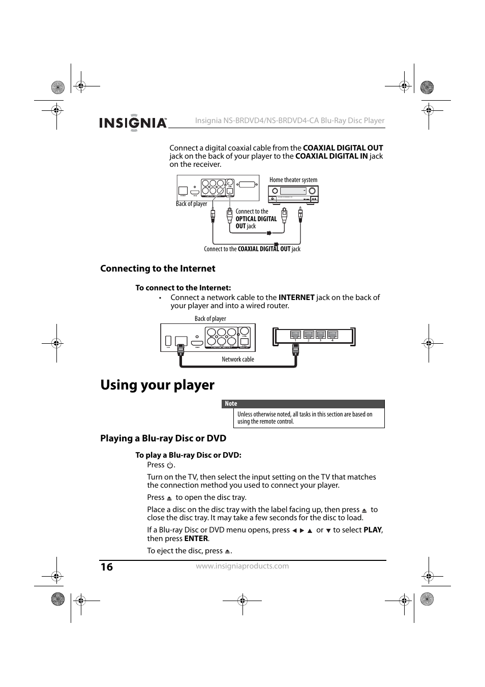 Connecting to the internet, Using your player, Playing a blu-ray disc or dvd | 1 press, 3 press to open the disc tray, 6 to eject the disc, press | Insignia NS-BRDVD4-CA User Manual | Page 16 / 73