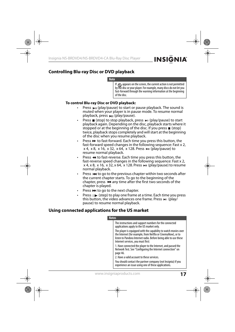 Controlling blu-ray disc or dvd playback, Using connected applications for the us market | Insignia NS-BRDVD4-CA User Manual | Page 17 / 73