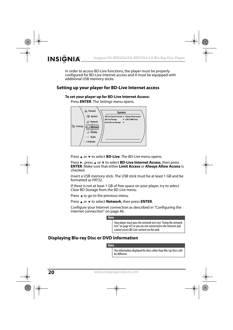 Setting up your player for bd-live internet access, 1 press enter. the settings menu opens, 6 press to go to the previous menu | 7 press or to select network, then press enter, Displaying blu-ray disc or dvd information | Insignia NS-BRDVD4-CA User Manual | Page 20 / 73