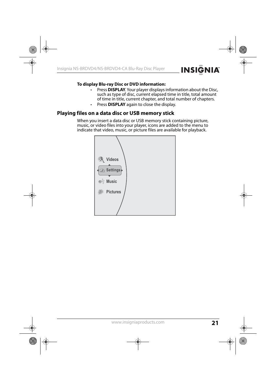 Playing files on a data disc or usb memory stick | Insignia NS-BRDVD4-CA User Manual | Page 21 / 73