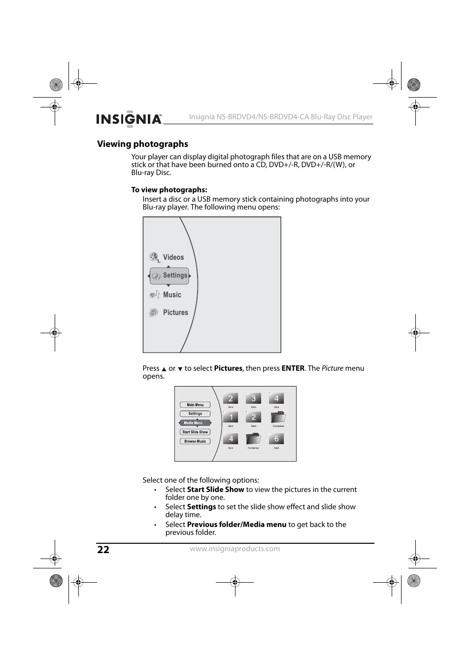 Viewing photographs, 3 select one of the following options | Insignia NS-BRDVD4-CA User Manual | Page 22 / 73
