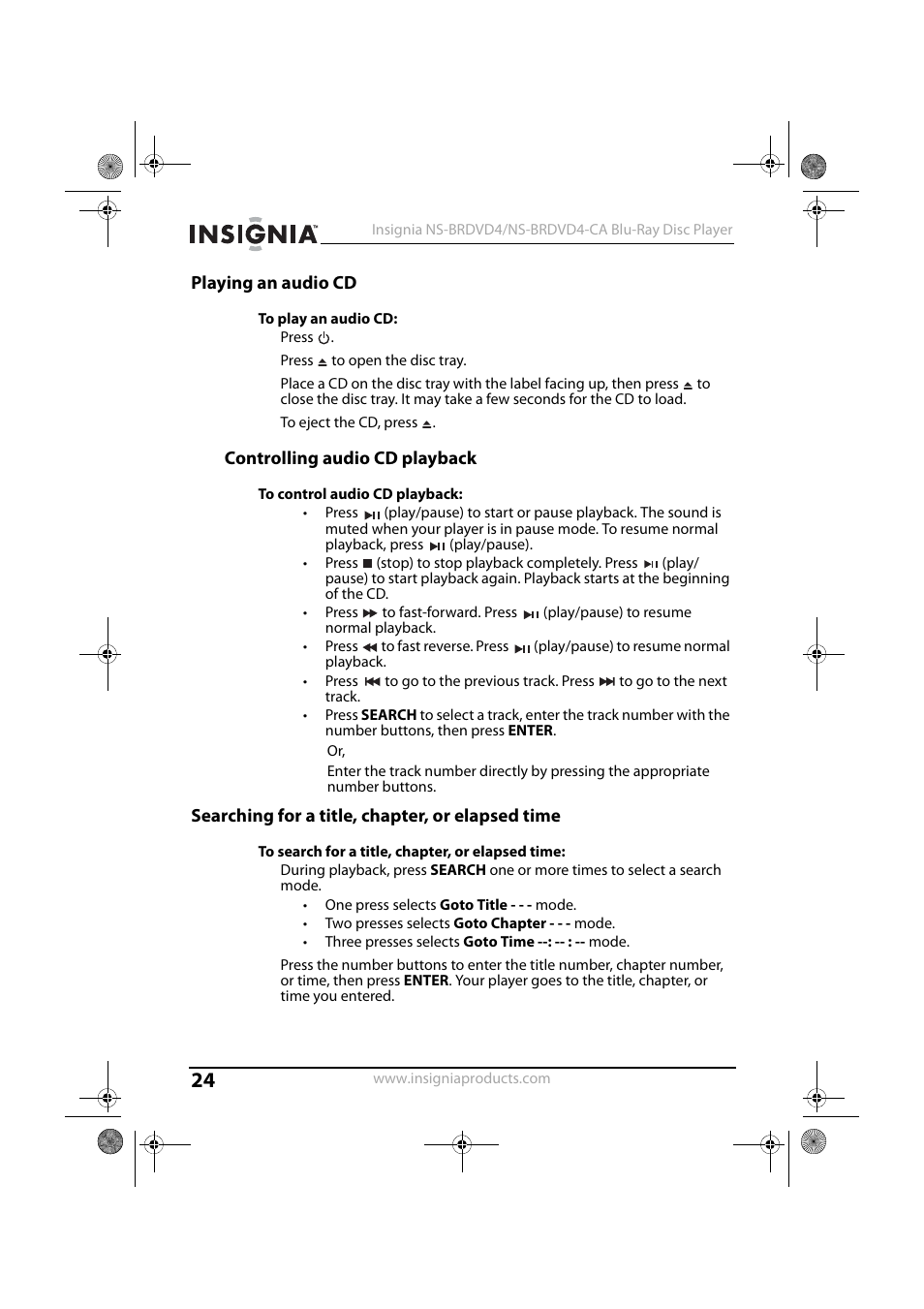 Playing an audio cd, 1 press, 2 press to open the disc tray | 4 to eject the cd, press, Controlling audio cd playback, Searching for a title, chapter, or elapsed time | Insignia NS-BRDVD4-CA User Manual | Page 24 / 73