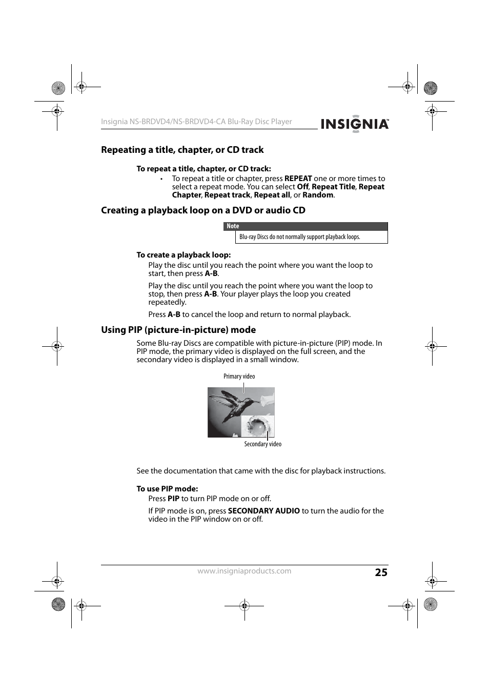 Repeating a title, chapter, or cd track, Creating a playback loop on a dvd or audio cd, Using pip (picture-in-picture) mode | 1 press pip to turn pip mode on or off | Insignia NS-BRDVD4-CA User Manual | Page 25 / 73