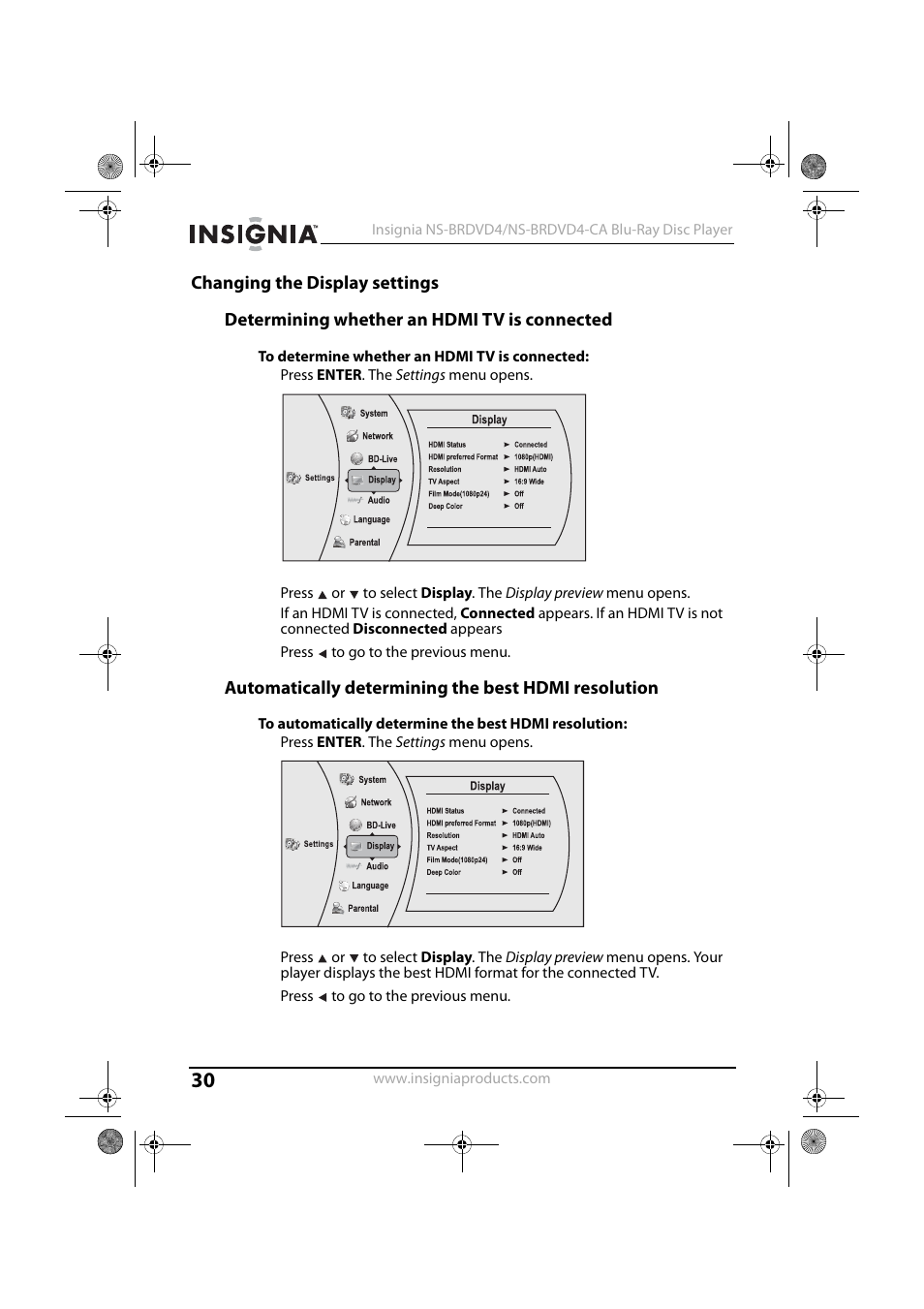 Changing the display settings, Determining whether an hdmi tv is connected, 1 press enter. the settings menu opens | 3 press to go to the previous menu, Automatically determining the best hdmi resolution | Insignia NS-BRDVD4-CA User Manual | Page 30 / 73