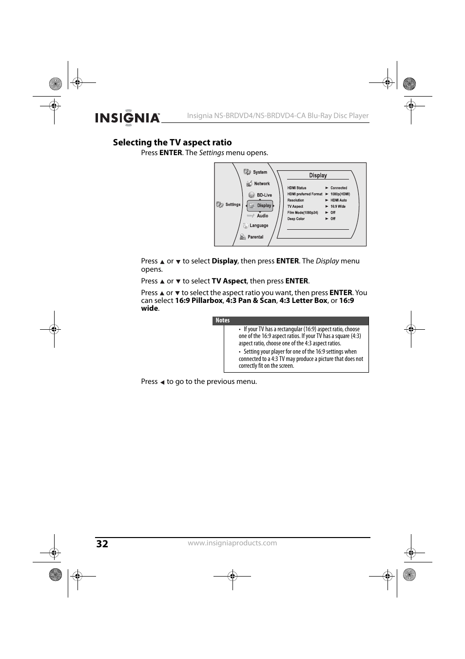 Selecting the tv aspect ratio, 1 press enter. the settings menu opens, 3 press or to select tv aspect, then press enter | 5 press to go to the previous menu | Insignia NS-BRDVD4-CA User Manual | Page 32 / 73