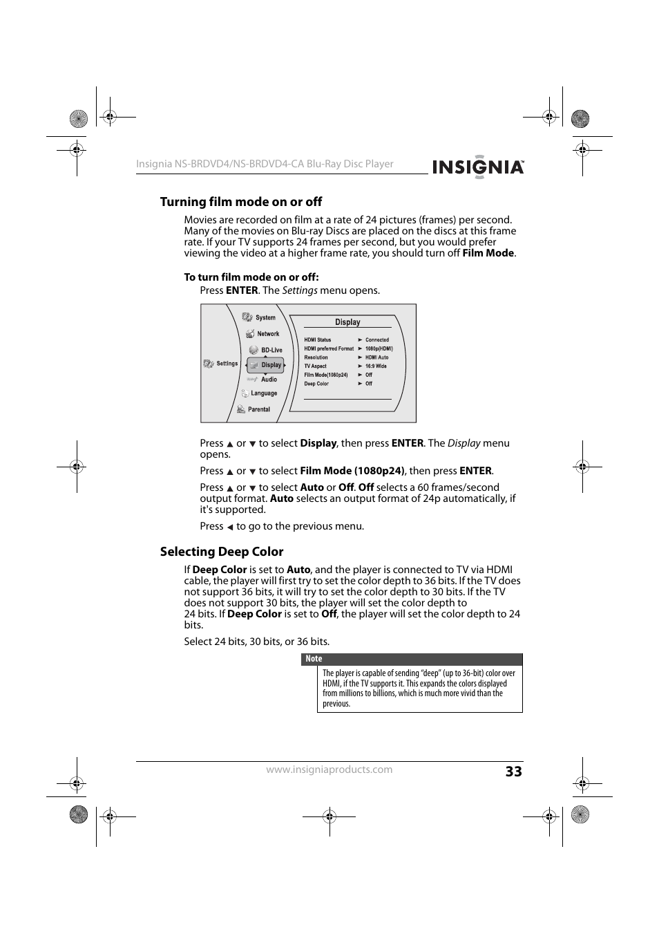 Turning film mode on or off, 1 press enter. the settings menu opens, 5 press to go to the previous menu | Selecting deep color | Insignia NS-BRDVD4-CA User Manual | Page 33 / 73