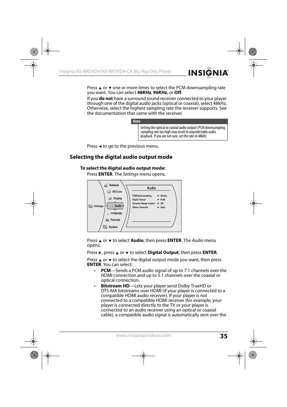 5 press to go to the previous menu, Selecting the digital audio output mode, 1 press enter. the settings menu opens | Insignia NS-BRDVD4-CA User Manual | Page 35 / 73