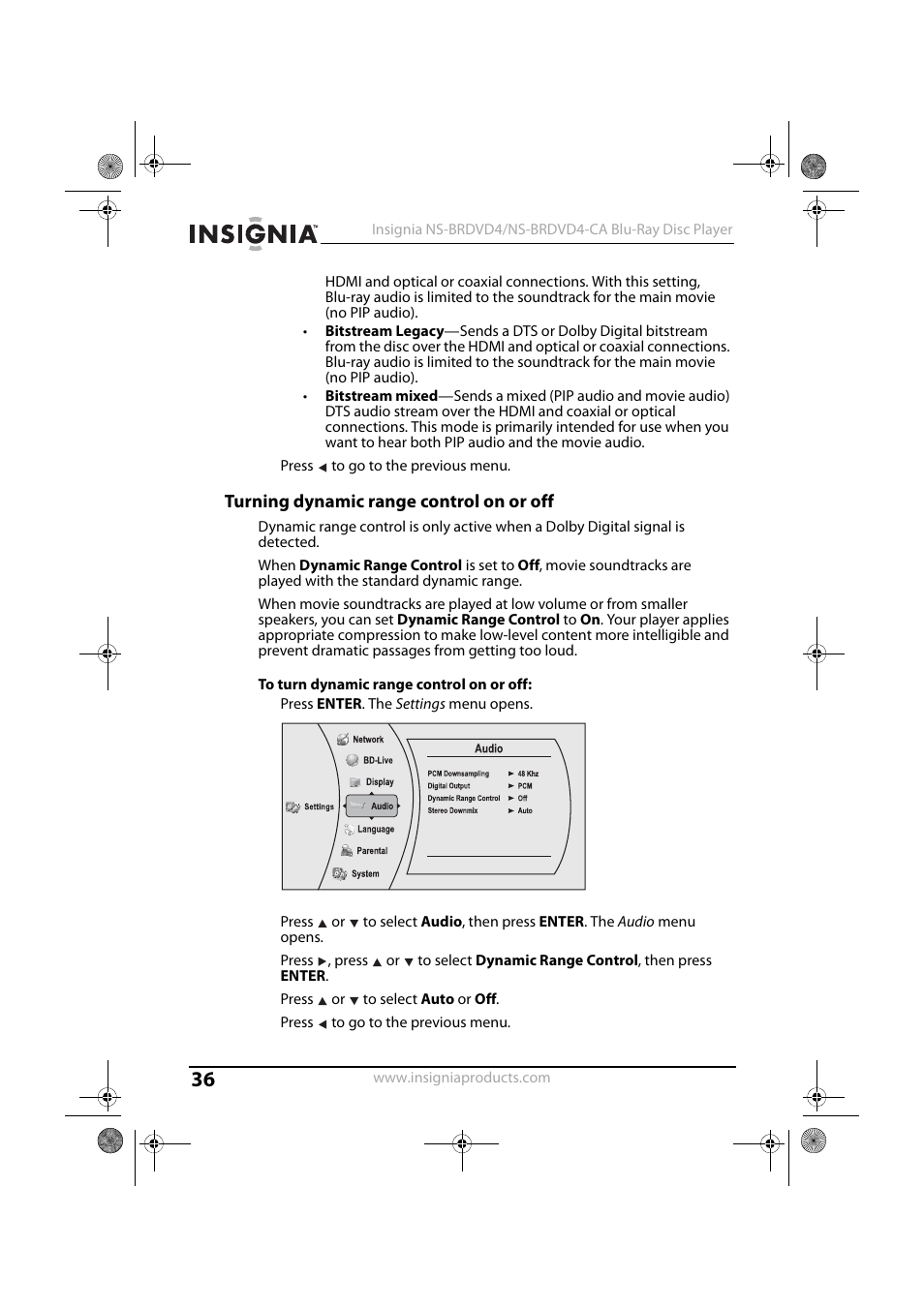 5 press to go to the previous menu, Turning dynamic range control on or off, 1 press enter. the settings menu opens | 4 press or to select auto or off | Insignia NS-BRDVD4-CA User Manual | Page 36 / 73
