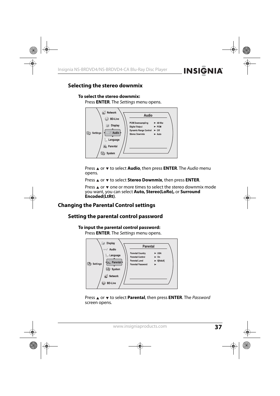 Selecting the stereo downmix, 1 press enter. the settings menu opens, Changing the parental control settings | Setting the parental control password | Insignia NS-BRDVD4-CA User Manual | Page 37 / 73