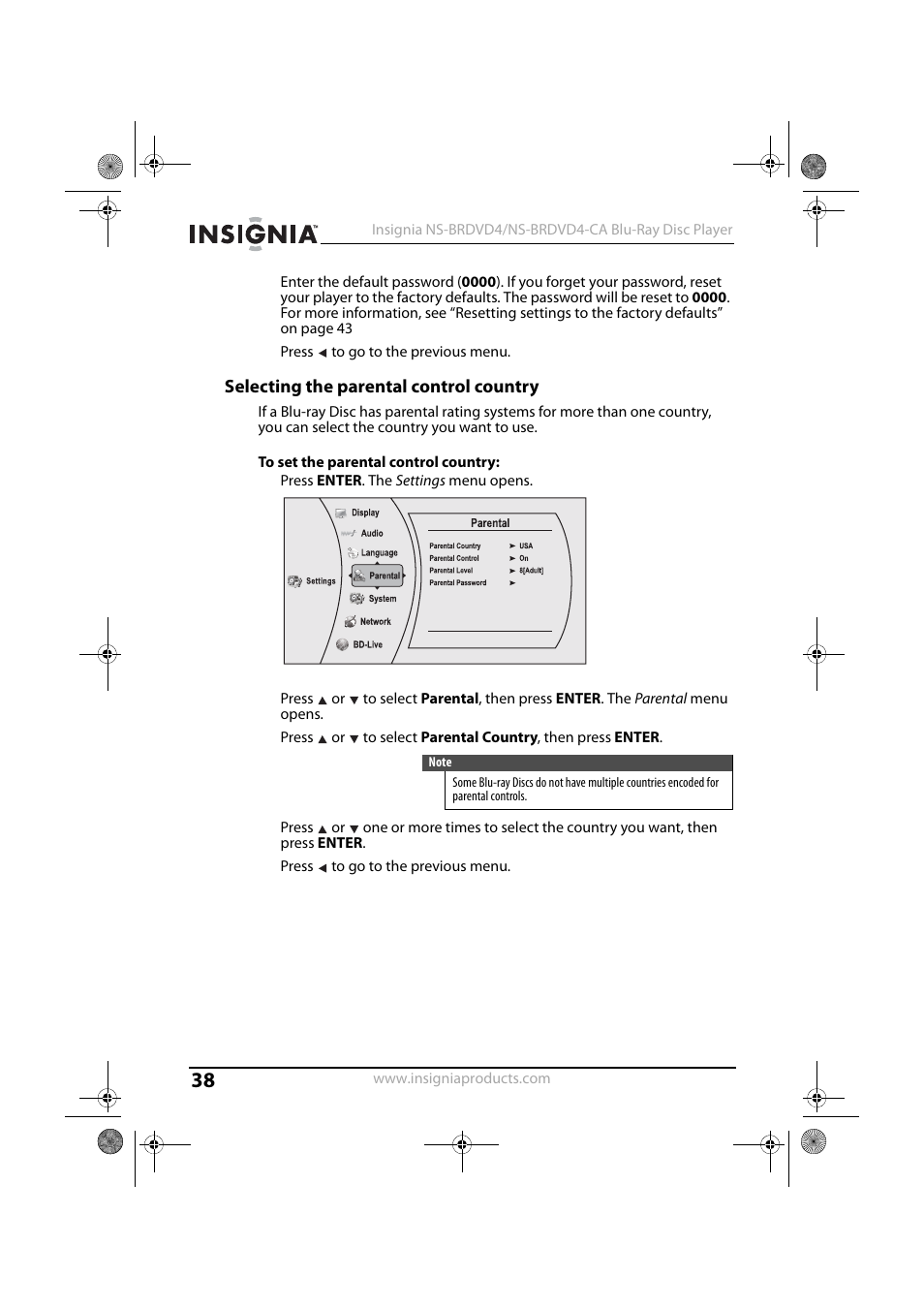 4 press to go to the previous menu, Selecting the parental control country, 1 press enter. the settings menu opens | 5 press to go to the previous menu | Insignia NS-BRDVD4-CA User Manual | Page 38 / 73