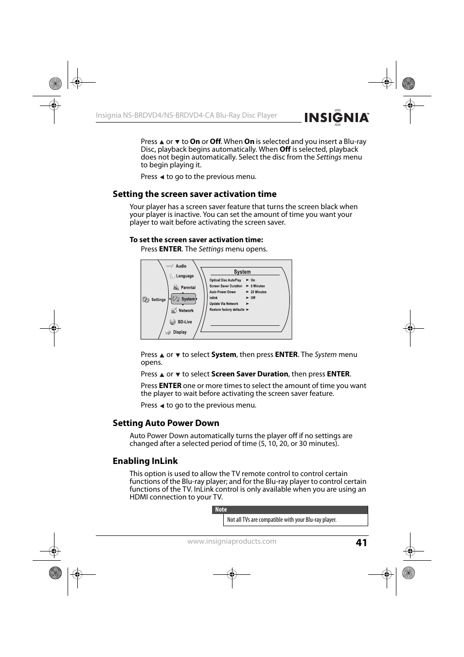 5 press to go to the previous menu, Setting the screen saver activation time, 1 press enter. the settings menu opens | Setting auto power down, Enabling inlink | Insignia NS-BRDVD4-CA User Manual | Page 41 / 73