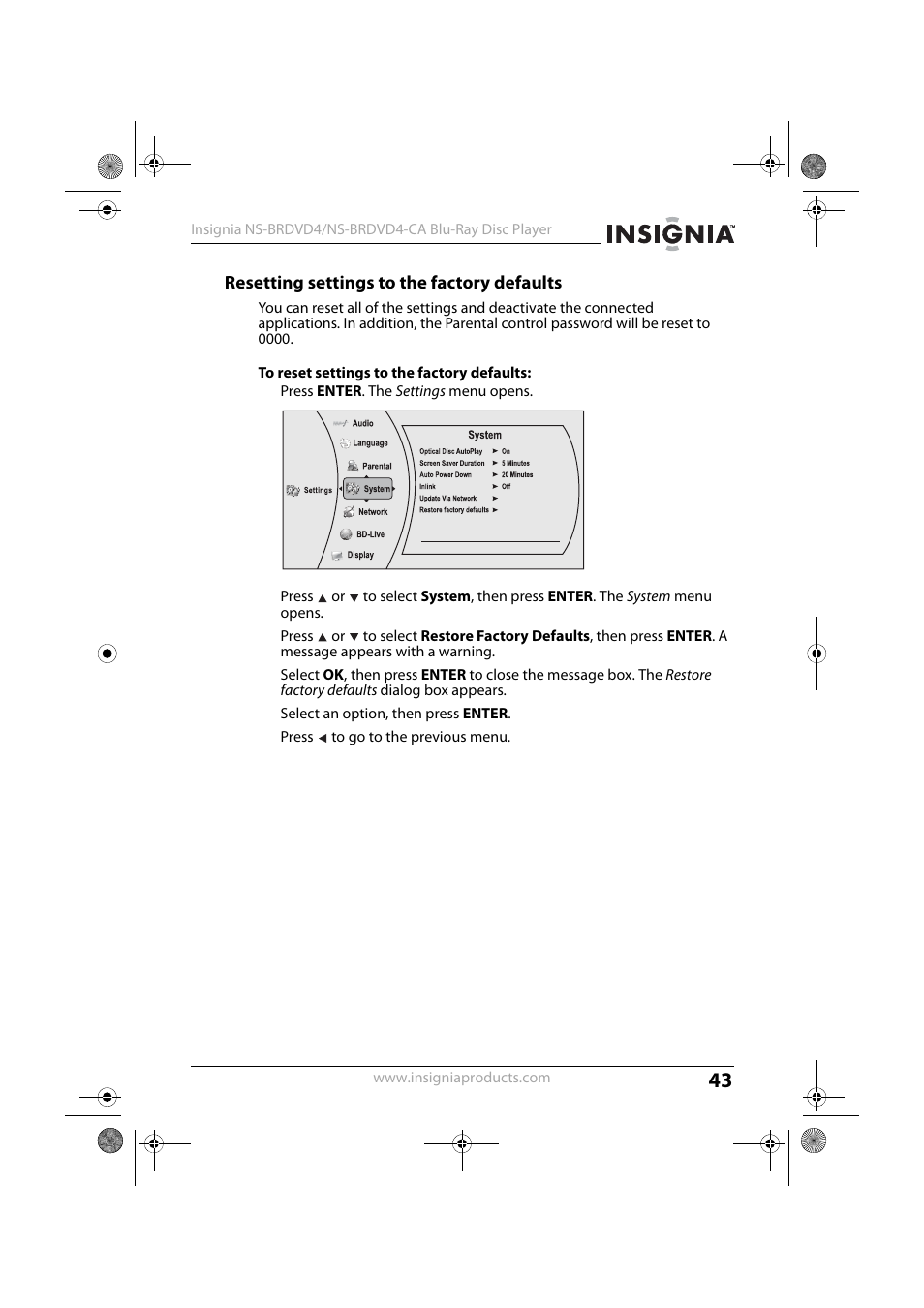 Resetting settings to the factory defaults, 1 press enter. the settings menu opens, 5 select an option, then press enter | 6 press to go to the previous menu | Insignia NS-BRDVD4-CA User Manual | Page 43 / 73