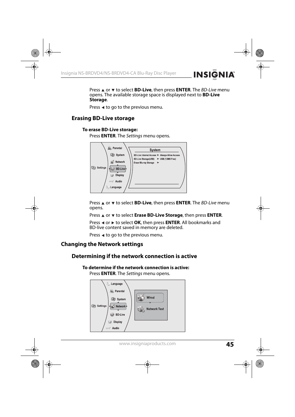 3 press to go to the previous menu, Erasing bd-live storage, 1 press enter. the settings menu opens | 5 press to go to the previous menu, Changing the network settings, Determining if the network connection is active | Insignia NS-BRDVD4-CA User Manual | Page 45 / 73