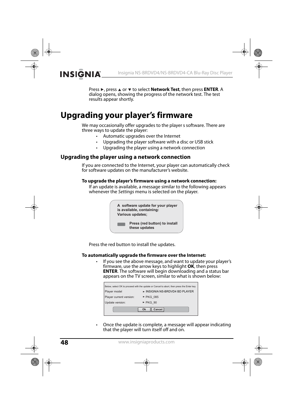 Upgrading your player’s firmware, Upgrading the player using a network connection, 2 press the red button to install the updates | Insignia NS-BRDVD4-CA User Manual | Page 48 / 73