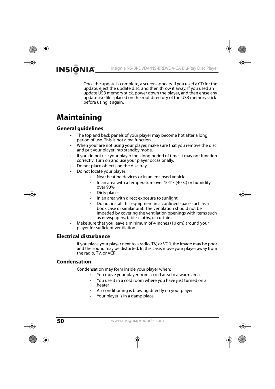 Maintaining, General guidelines, Electrical disturbance | Condensation | Insignia NS-BRDVD4-CA User Manual | Page 50 / 73