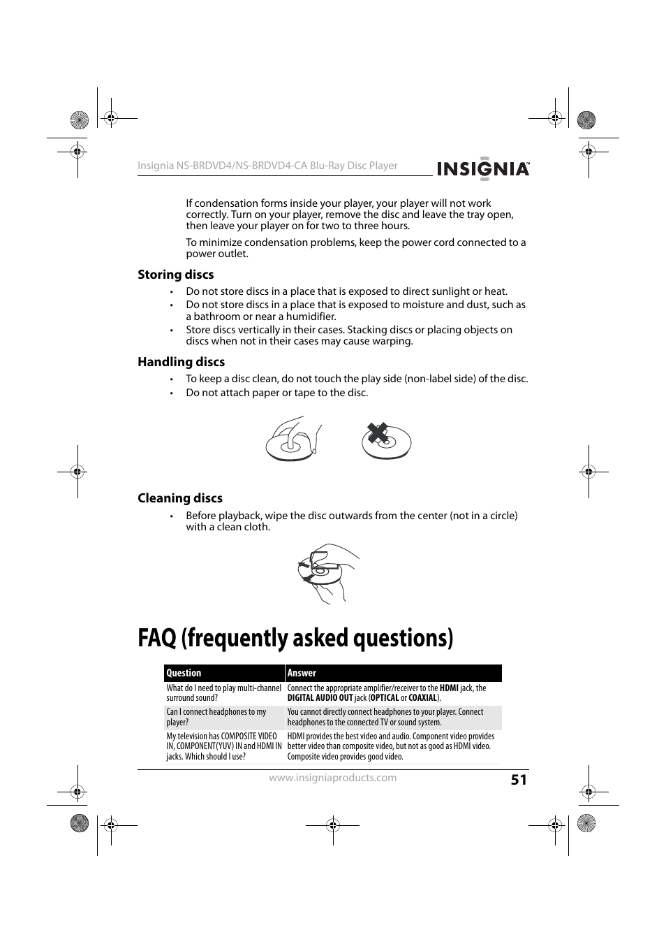 Storing discs, Handling discs, Cleaning discs | Faq (frequently asked questions), Storing discs handling discs cleaning discs | Insignia NS-BRDVD4-CA User Manual | Page 51 / 73