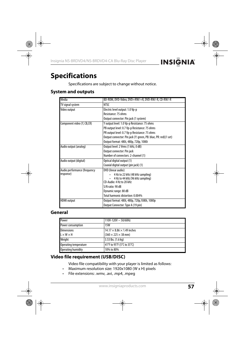 Specifications, System and outputs, General | Video file requirement (usb/disc) | Insignia NS-BRDVD4-CA User Manual | Page 57 / 73