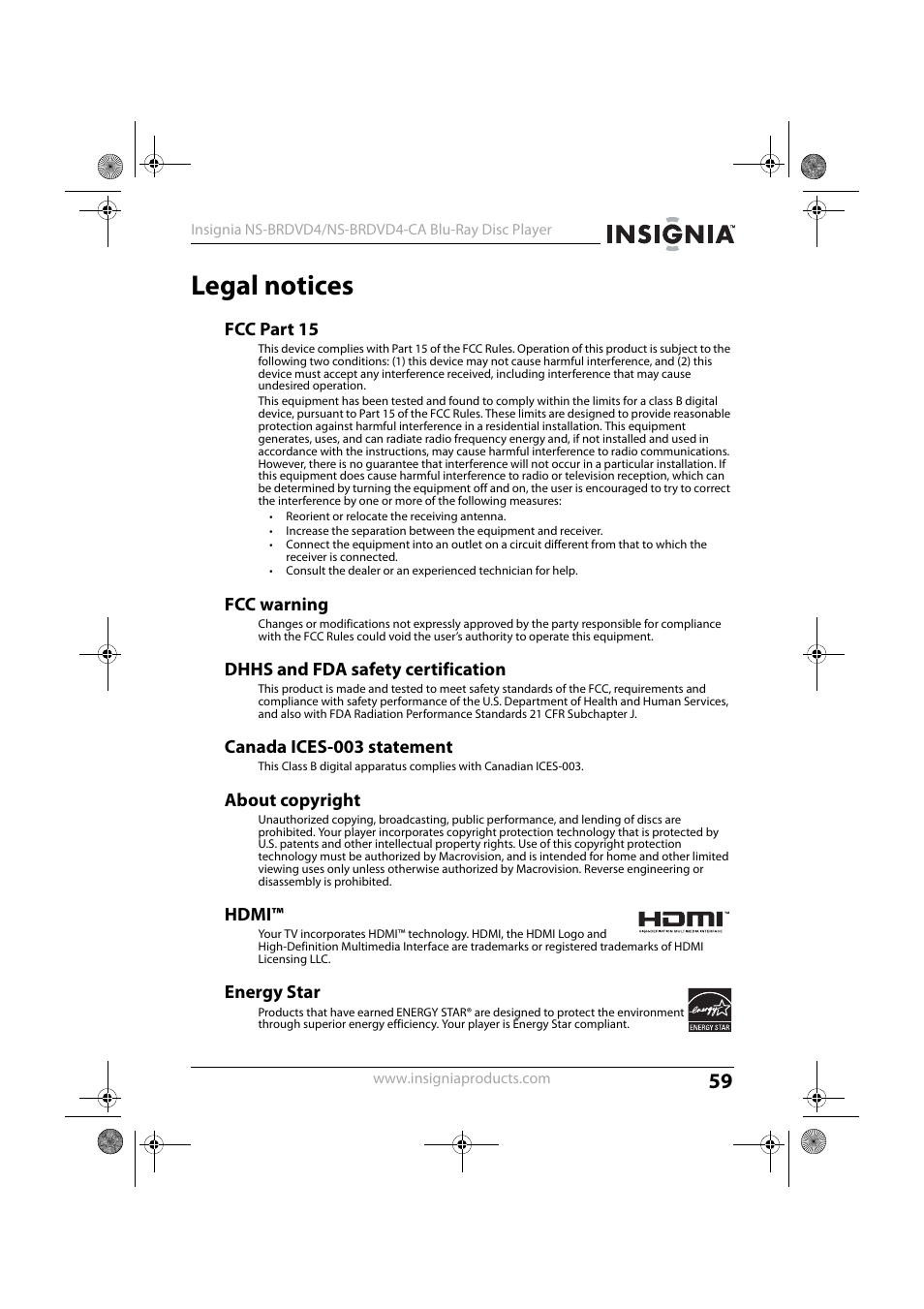 Legal notices, Fcc part 15, Fcc warning | Dhhs and fda safety certification, Canada ices-003 statement, About copyright, Hdmi, Energy star | Insignia NS-BRDVD4-CA User Manual | Page 59 / 73