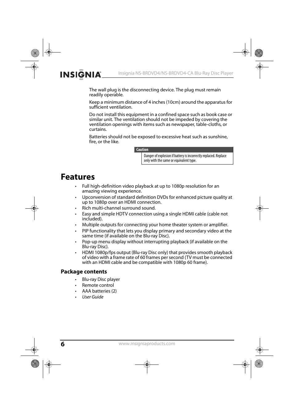 Features, Package contents | Insignia NS-BRDVD4-CA User Manual | Page 6 / 73