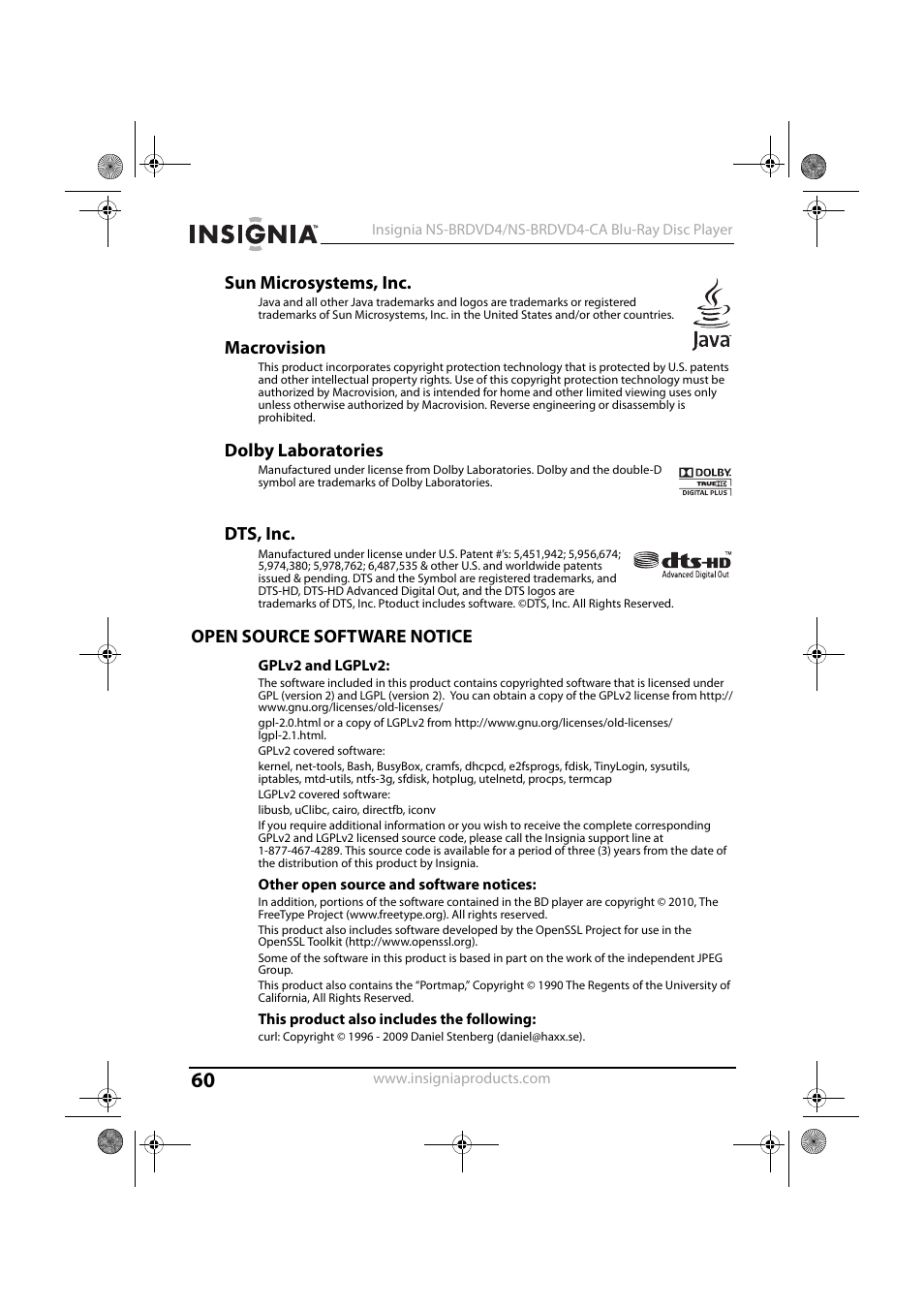 Sun microsystems, inc, Macrovision, Dolby laboratories | Dts, inc, Open source software notice | Insignia NS-BRDVD4-CA User Manual | Page 60 / 73