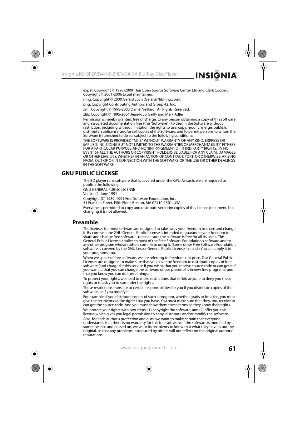 Gnu public license, Preamble | Insignia NS-BRDVD4-CA User Manual | Page 61 / 73