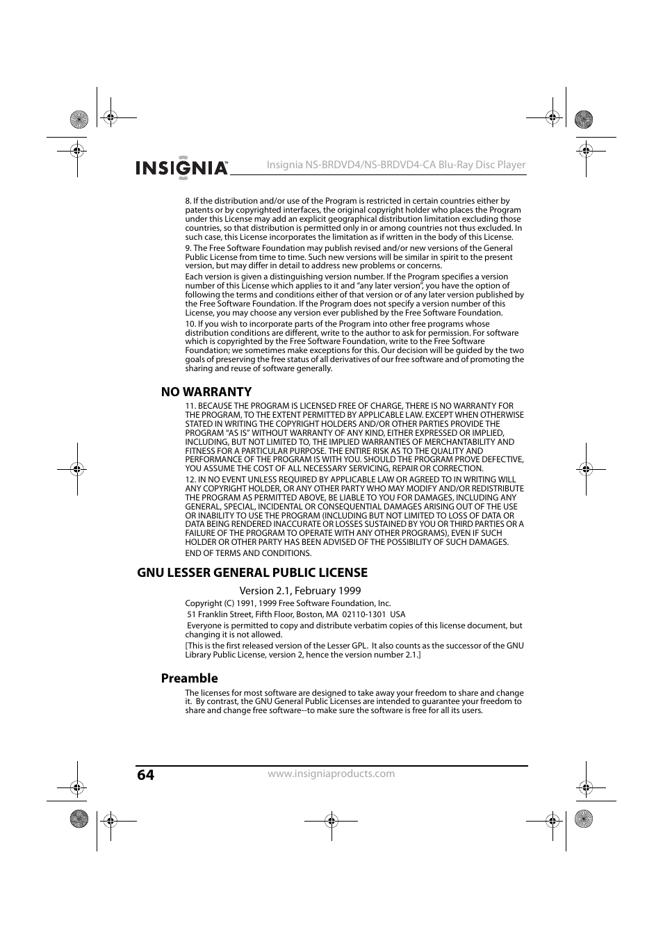 No warranty, Gnu lesser general public license, Preamble | Insignia NS-BRDVD4-CA User Manual | Page 64 / 73