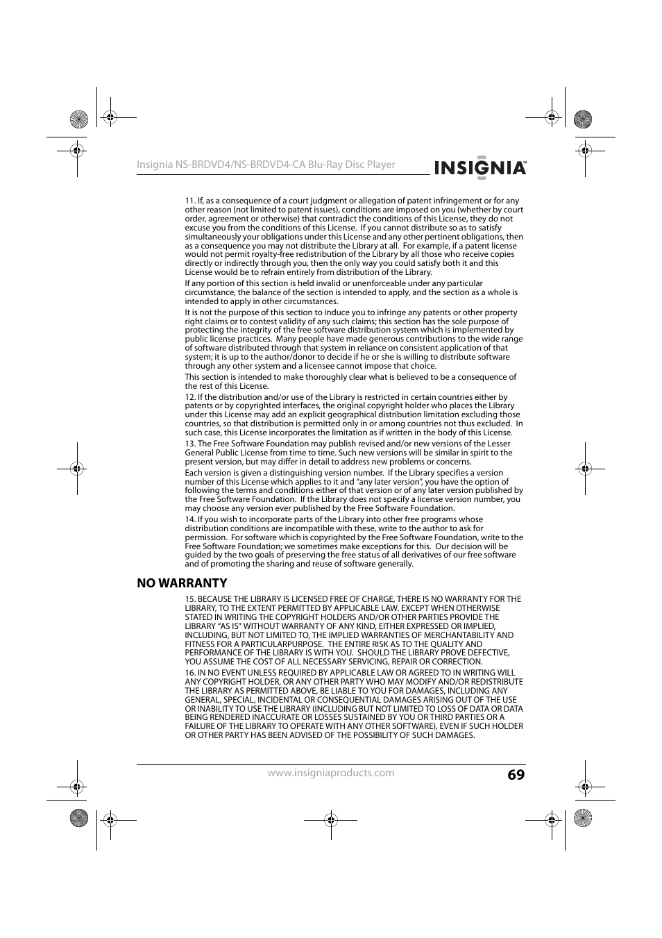 No warranty | Insignia NS-BRDVD4-CA User Manual | Page 69 / 73